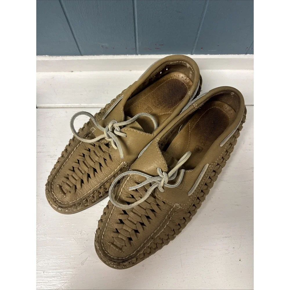 Sperry Tan Leather Sully Woven Boat Shoes‎ Mens Size 8.5